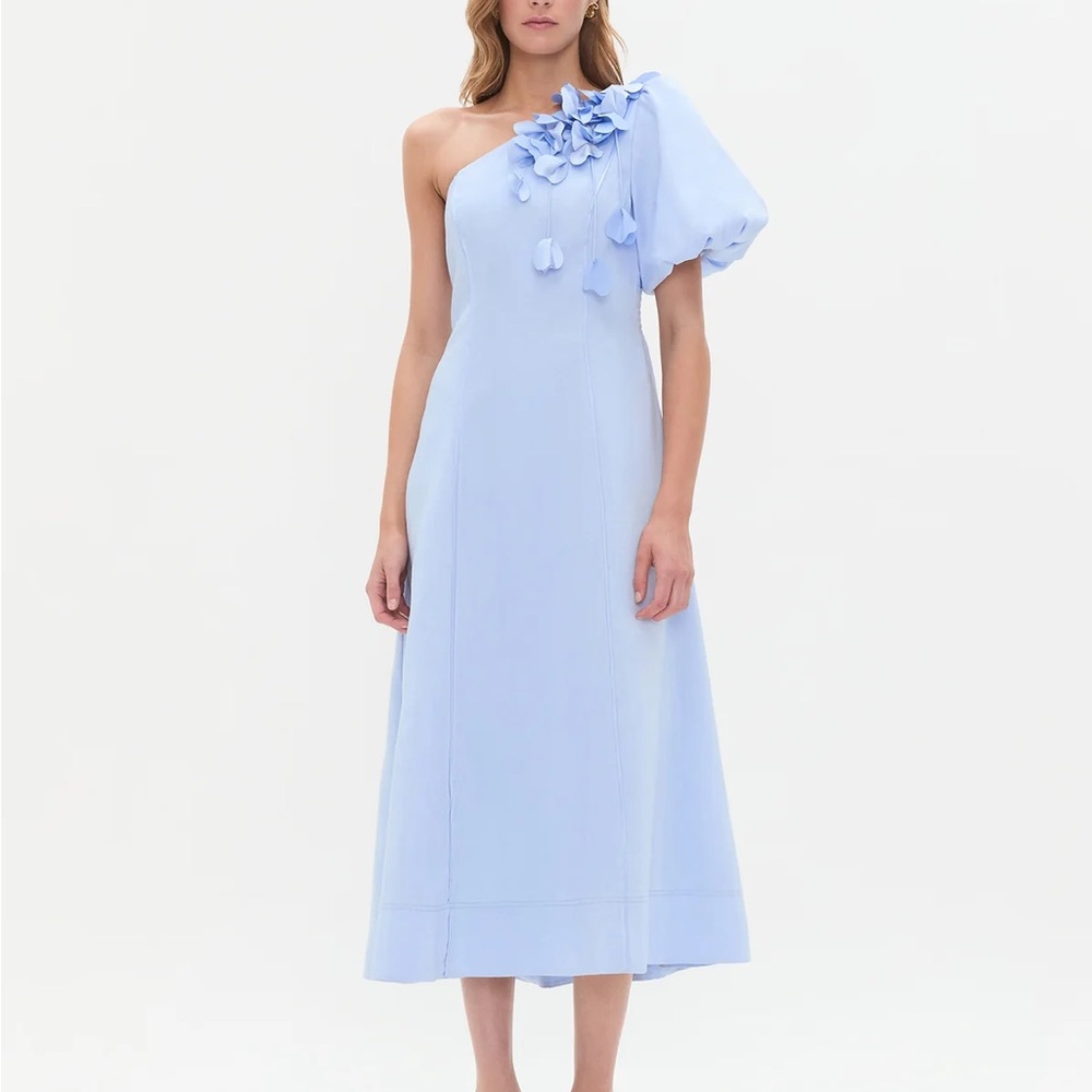Aje Light Blue One-Shoulder Floral Applique Midi Dress 12AU/8US Size